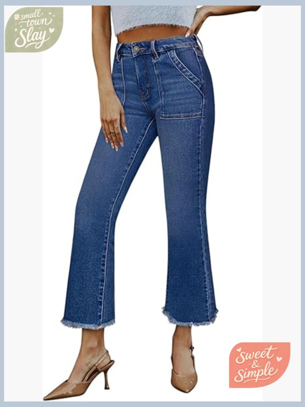 Stretchy Bootcut Cropped Flare Jeans with Raw Hem